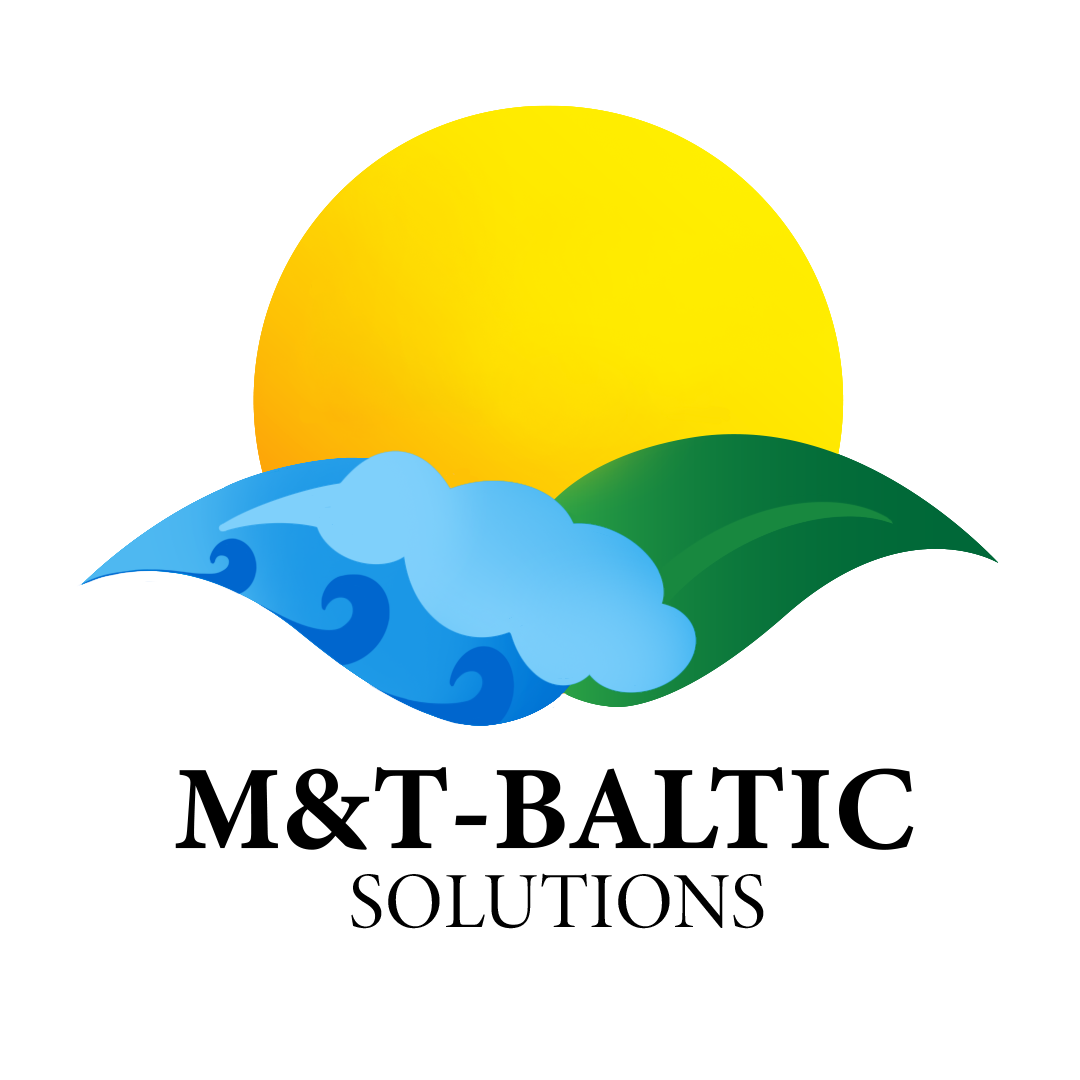 M&T - Baltic Solutions logo das eine Sonne über eine hell blaue Wolke, dunkel blaue Welle und ein grünes Blatt beinhaltet.