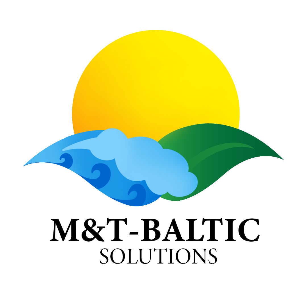 M&T - Baltic Solutions logo das eine Sonne über eine hell blaue Wolke, dunkel blaue Welle und ein grünes Blatt beinhaltet. 